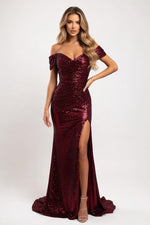 Sequined Off-Shoulder Mini Dress — Burgundy