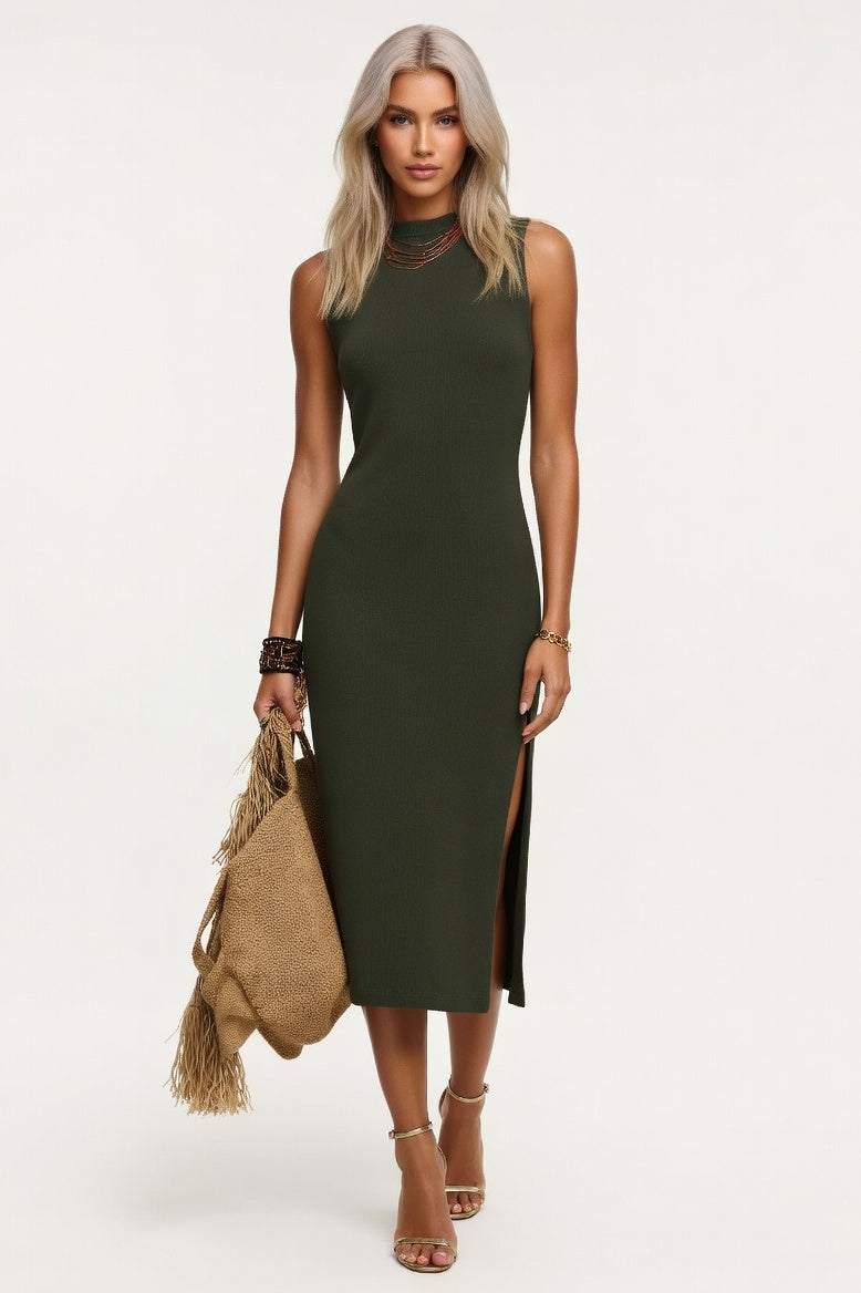 Ribbed Knit Midi Dress — Dark Green