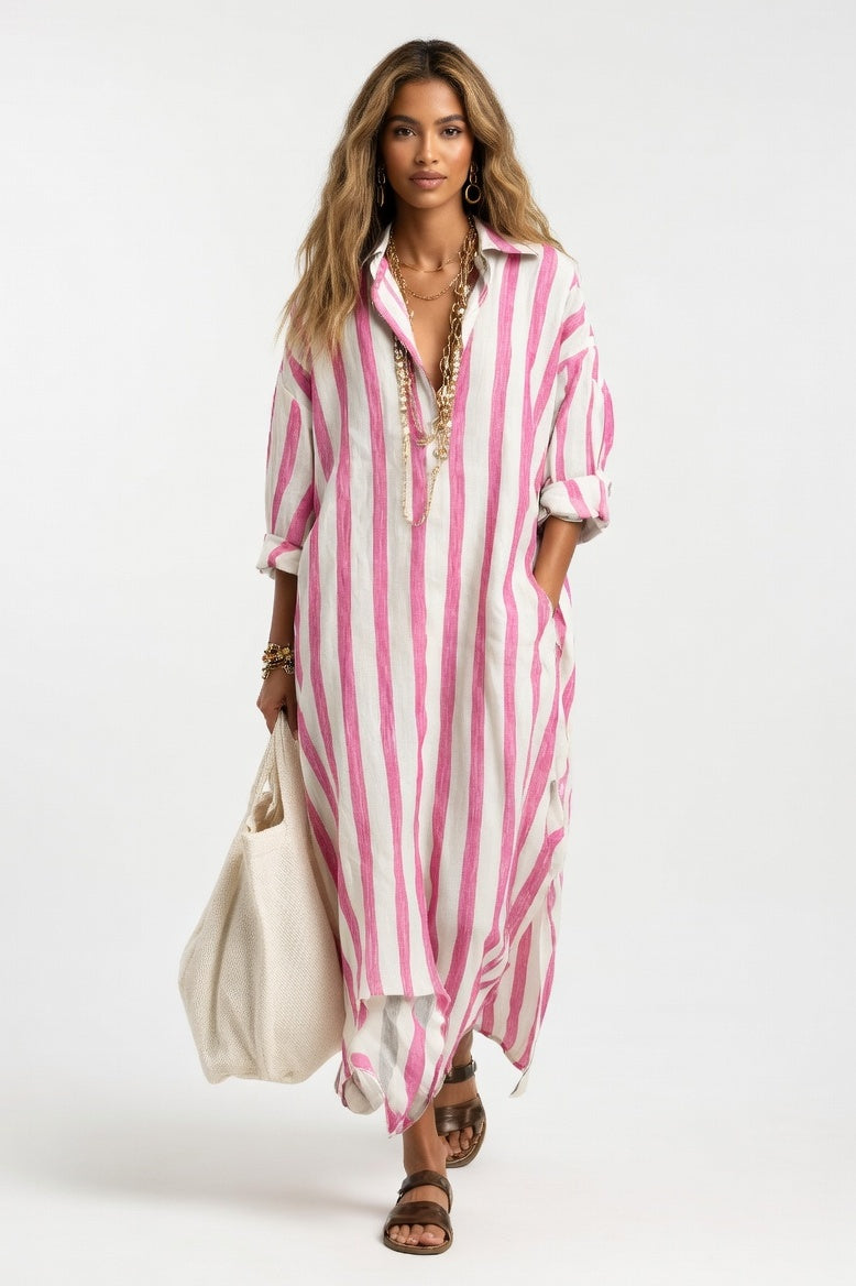 Striped V-Neck Shirt Dress — Pink