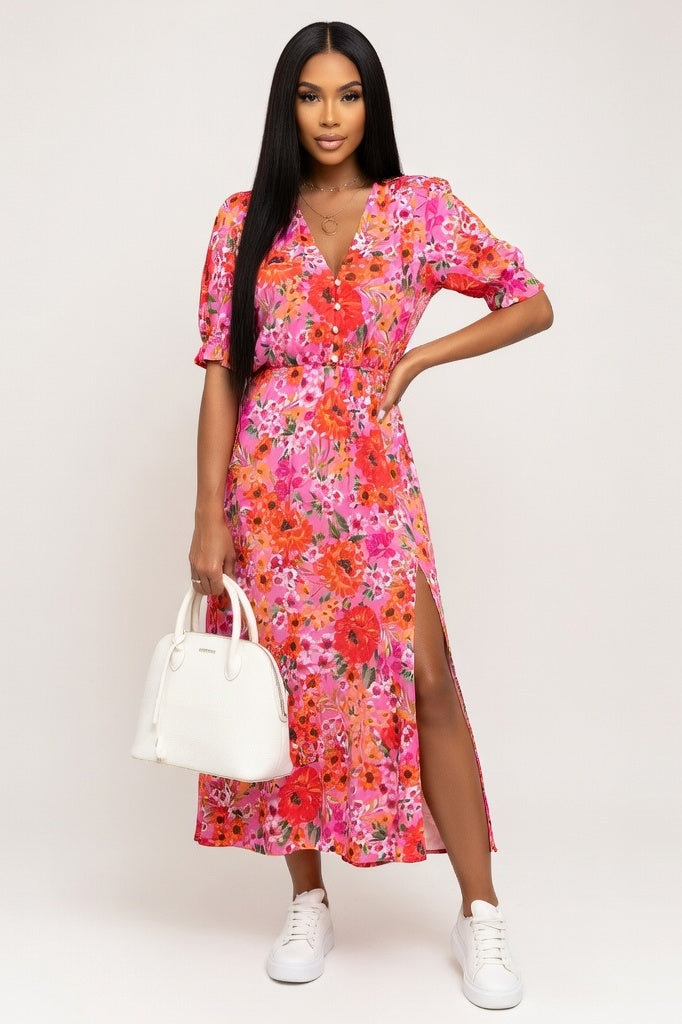 Deep V Mini Dress — Red Large Floral