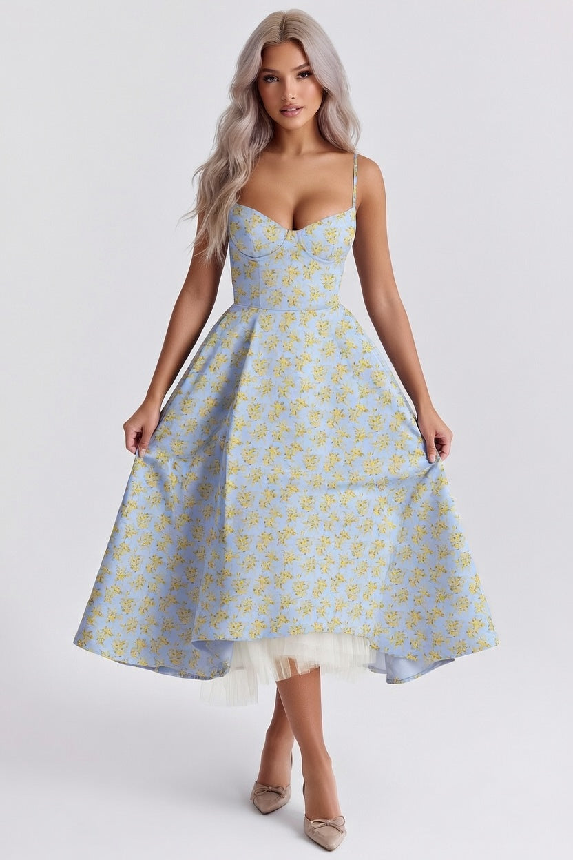 Double Layer Mesh Dress — Blue Yellow Floral