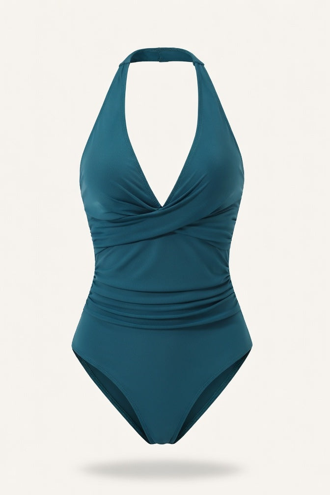 Cross Back Colour Block Swimsuit — Peacock Blue