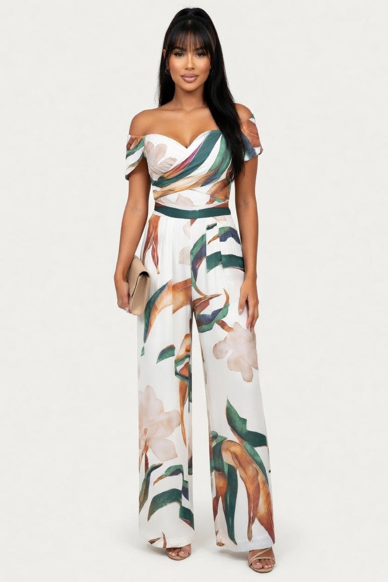 Printed Wide Leg Jumpsuit — White Leaf Print