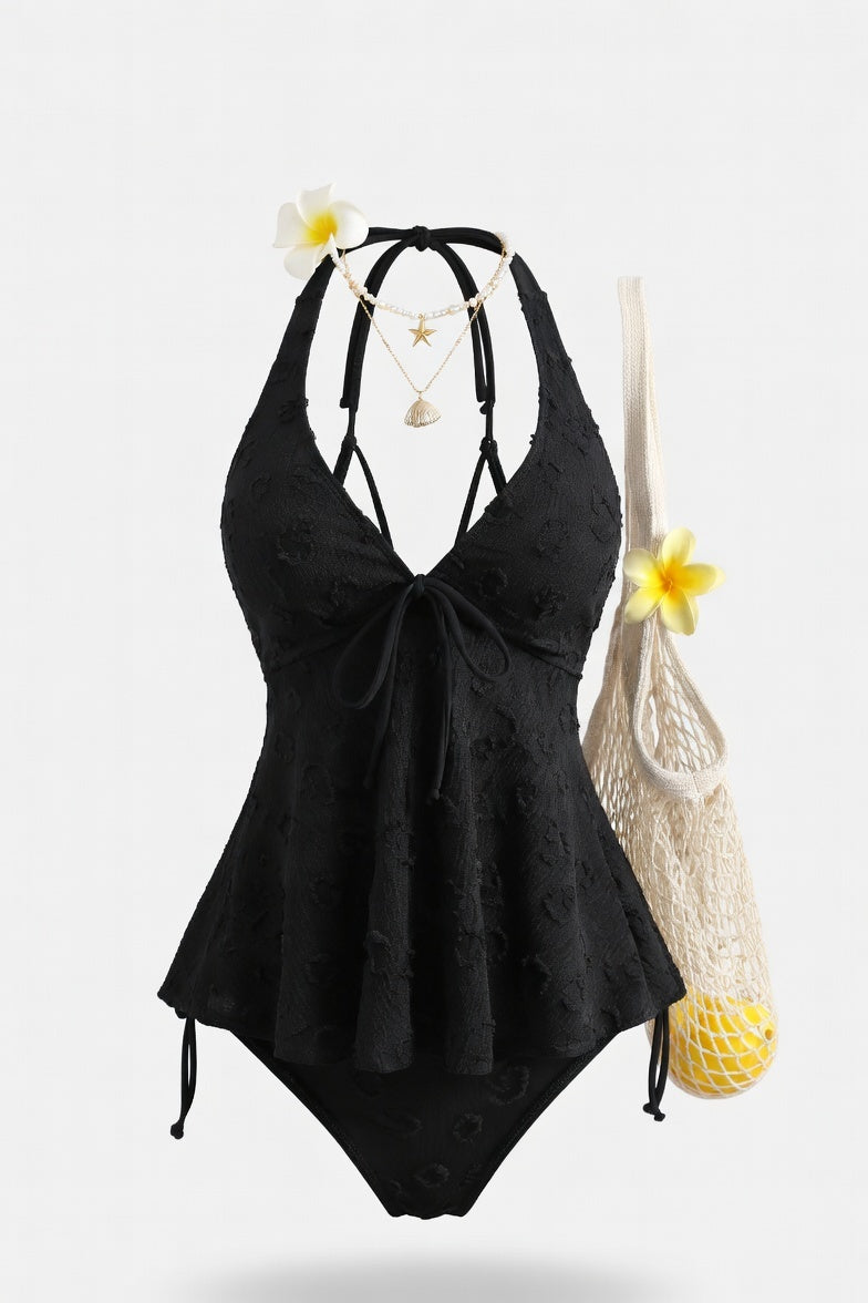 Lace Halter Swimsuit with Ruffle Detail — Black