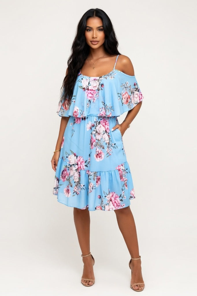 Off-Shoulder Chiffon Dress — Light Blue