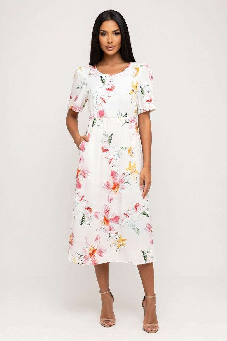 Printed Round Neck Pocket Dress — Print 5