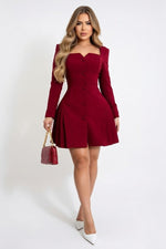 Deep V Ruffle Mini Dress — Burgundy