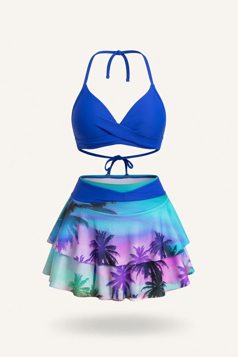 High Waist Ruffle Print Bikini Set — Blue
