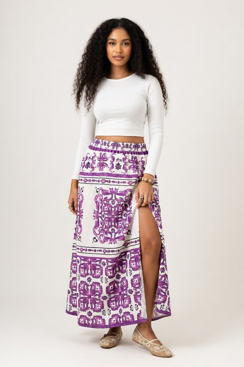 Printed Slit Midi Skirt — Purple