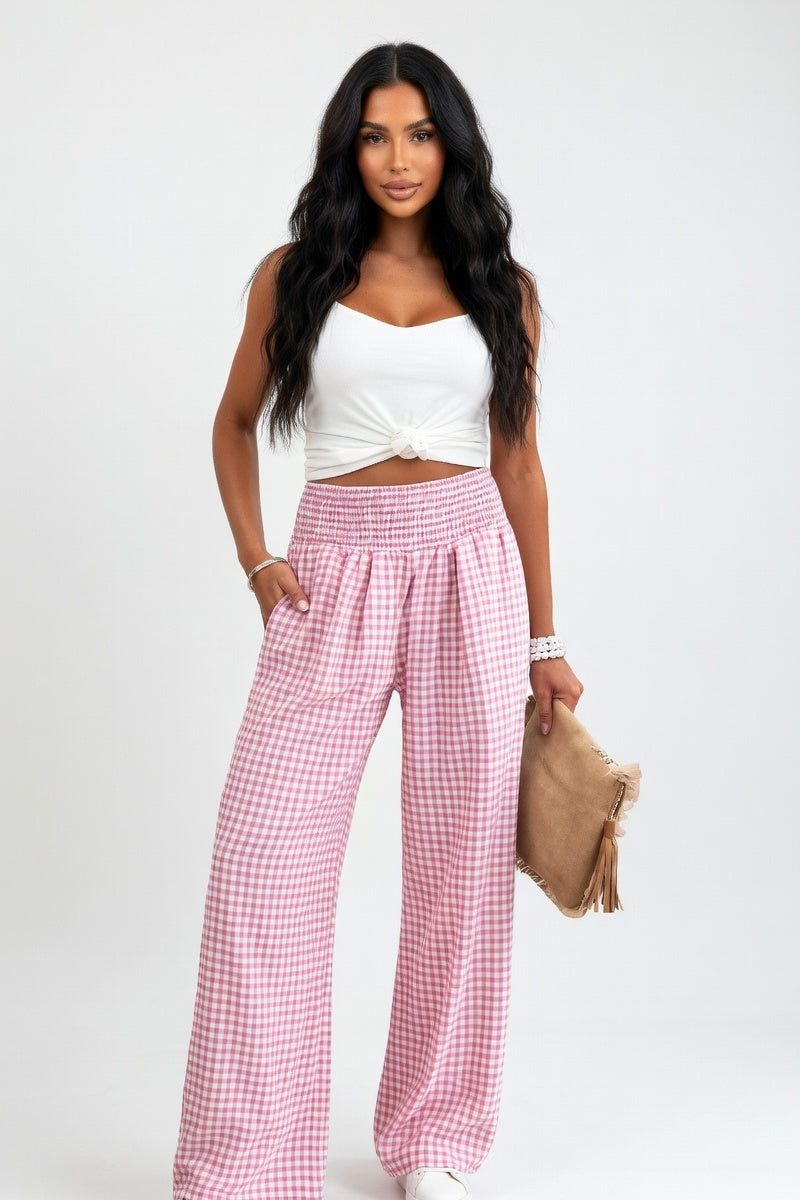 Check Print Wide Leg Trousers — Pink Check