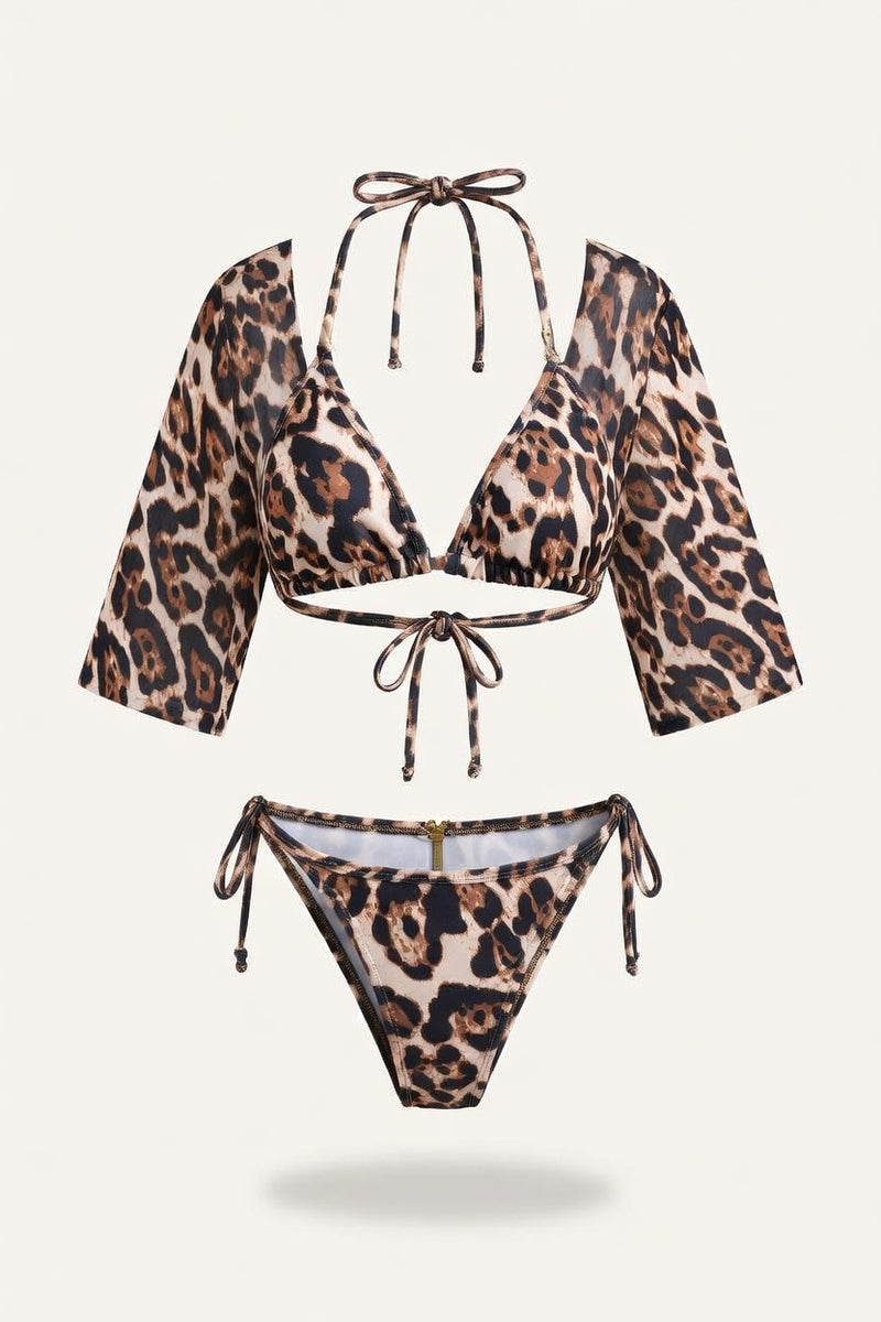 Leopard Print Three-Piece Swimsuit Set — front view