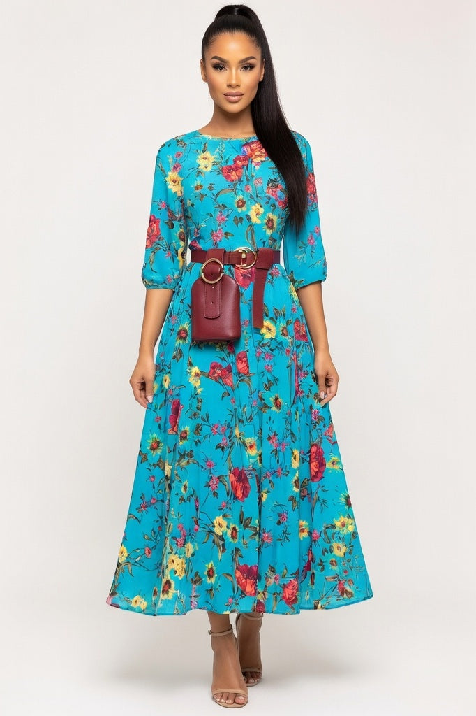 Chiffon Floral Maxi Dress — Jade Blue