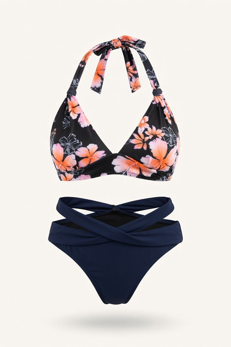 Halter Push-Up Split Swimsuit — Pink Floral