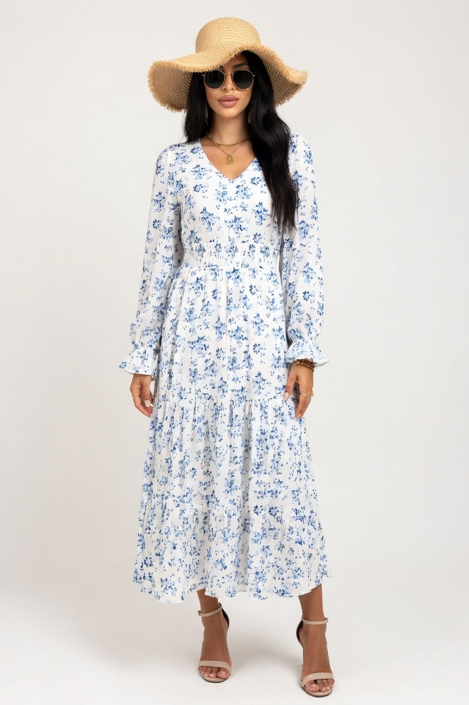 Printed V-Neck Swing Dress — White