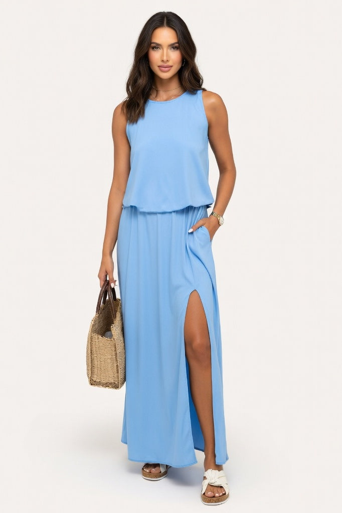 Halter Split Midi Dress — Sky Blue