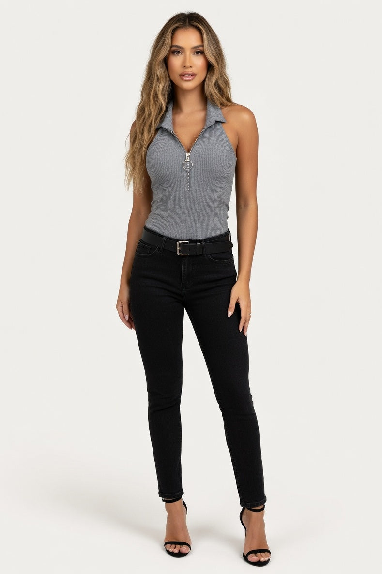 Zip Front Sleeveless Top — Grey