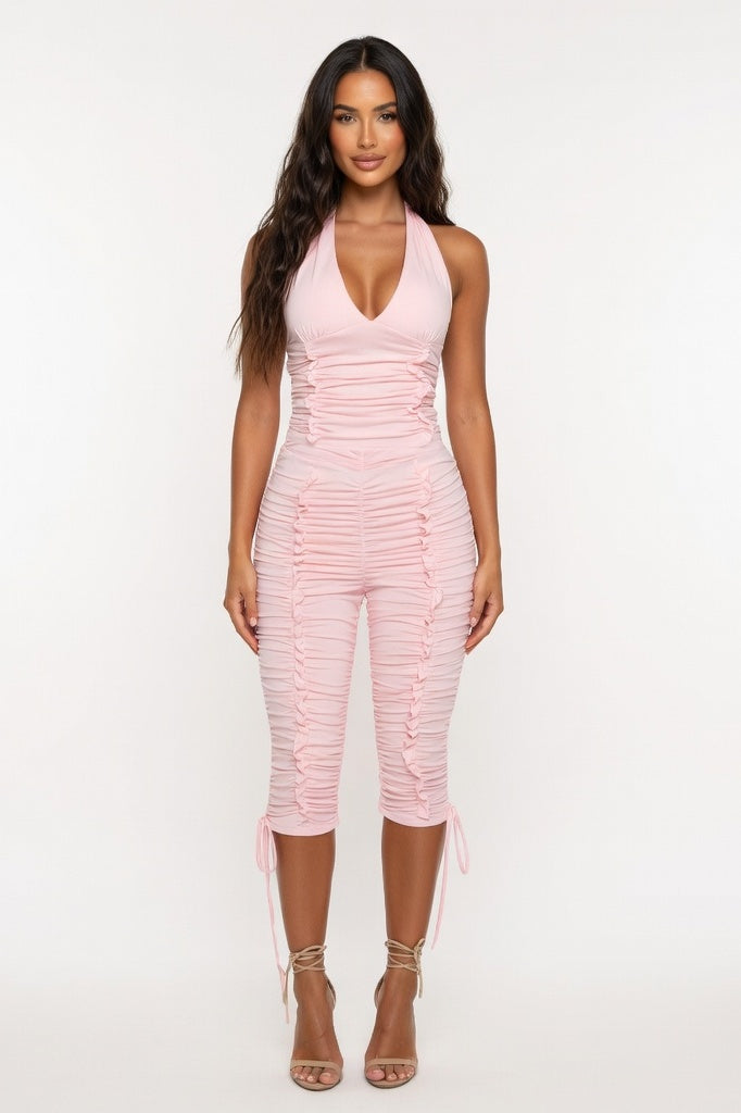 Deep V Halter Top & Cropped Pants Co-ord Set — Pink
