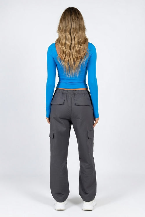 Ribbed U-Neck Long Sleeve Top — back view