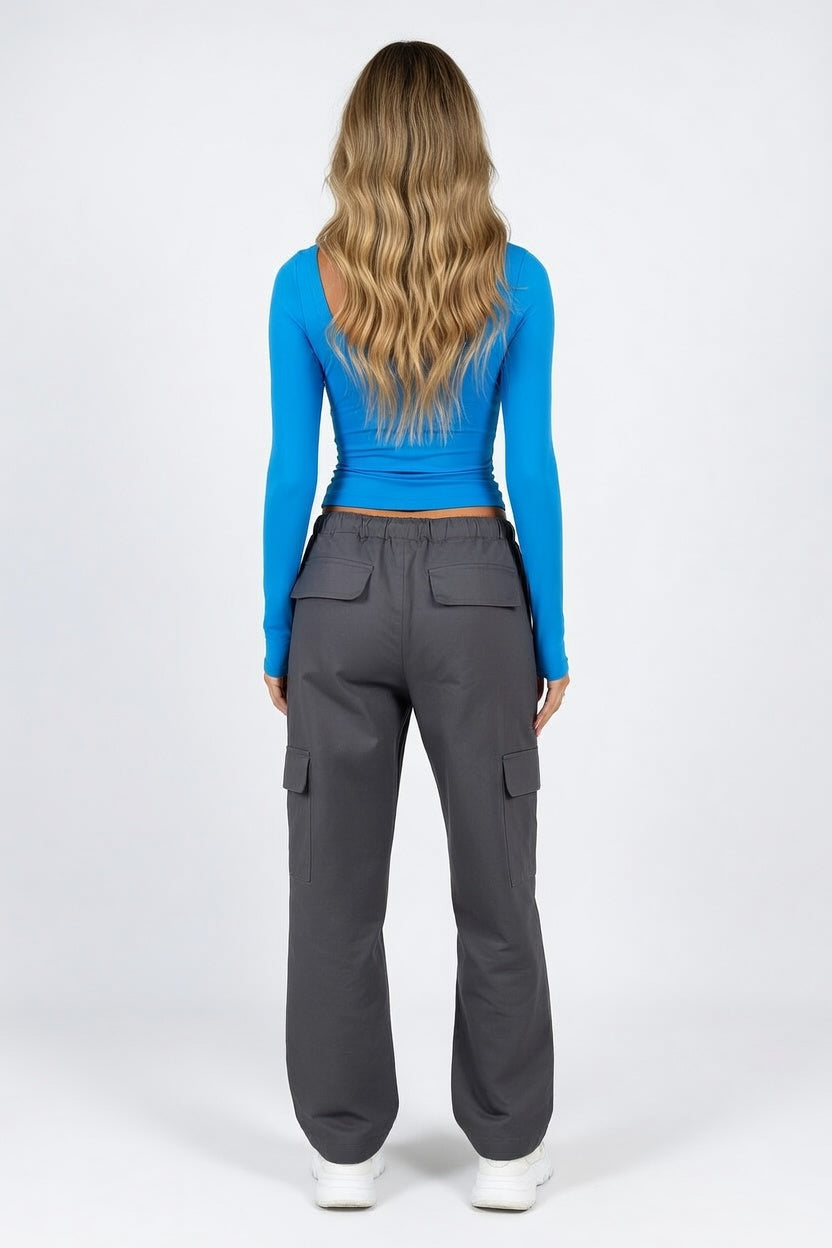 Ribbed U-Neck Long Sleeve Top — back view