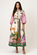 Printed Swing Dress with Lantern Sleeves — Purple