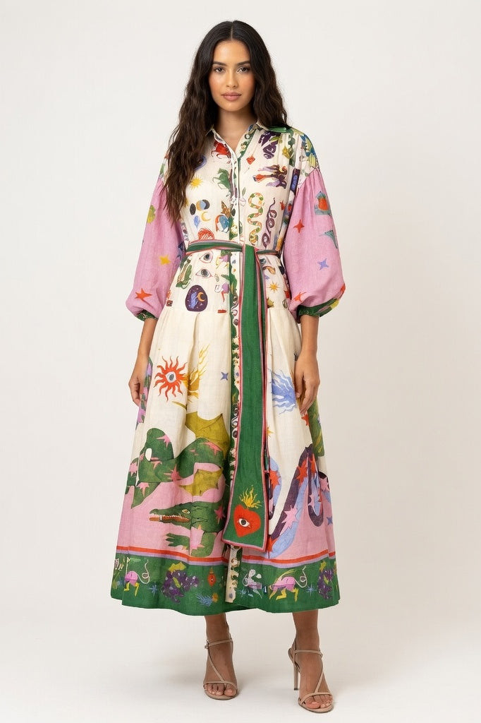 Printed Swing Dress with Lantern Sleeves — Purple