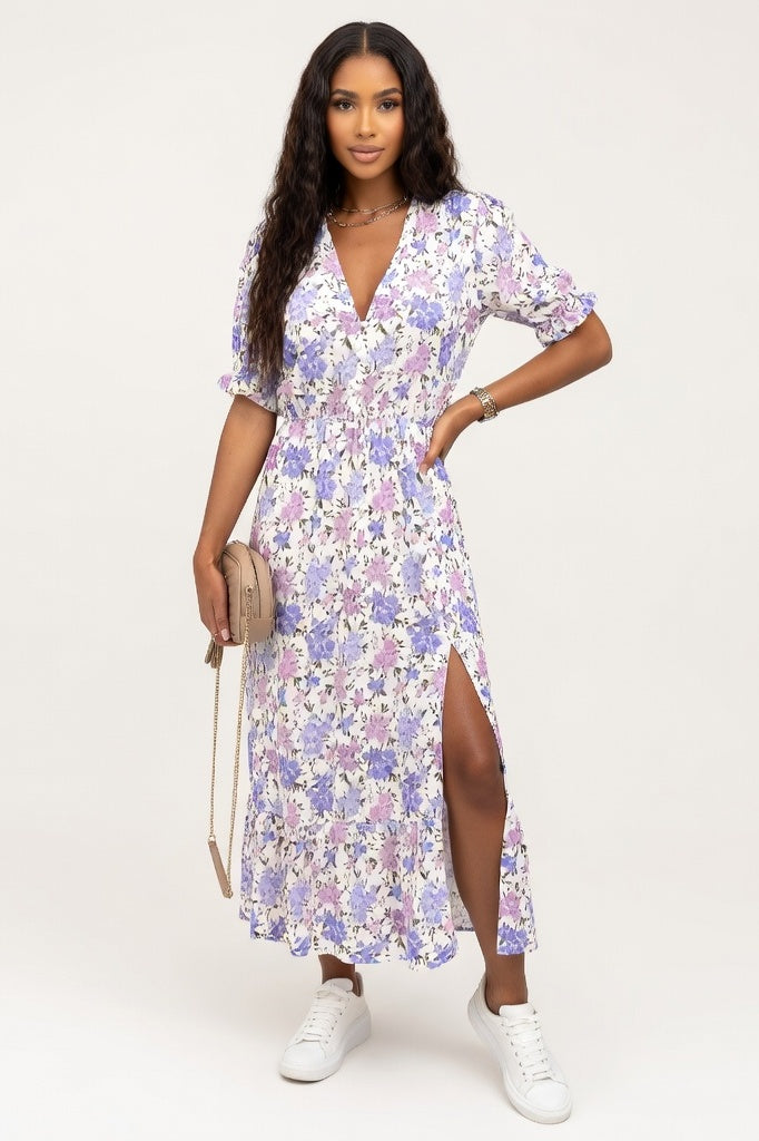 Deep V Mini Dress — Blue Purple Floral