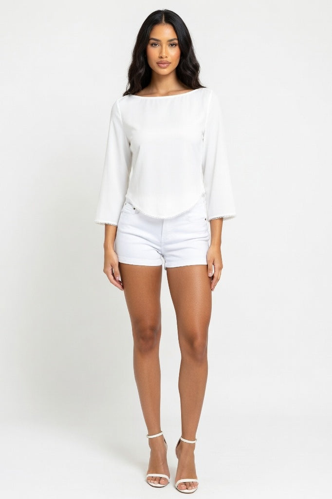 Fitted Cotton Three-Quarter Sleeve Top — White
