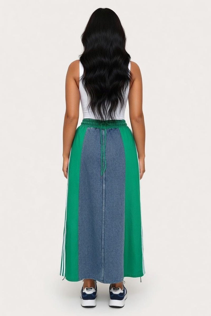 Striped Contrast Denim A-Line Skirt — back view