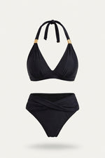 Halter Push-Up Split Swimsuit — Black White