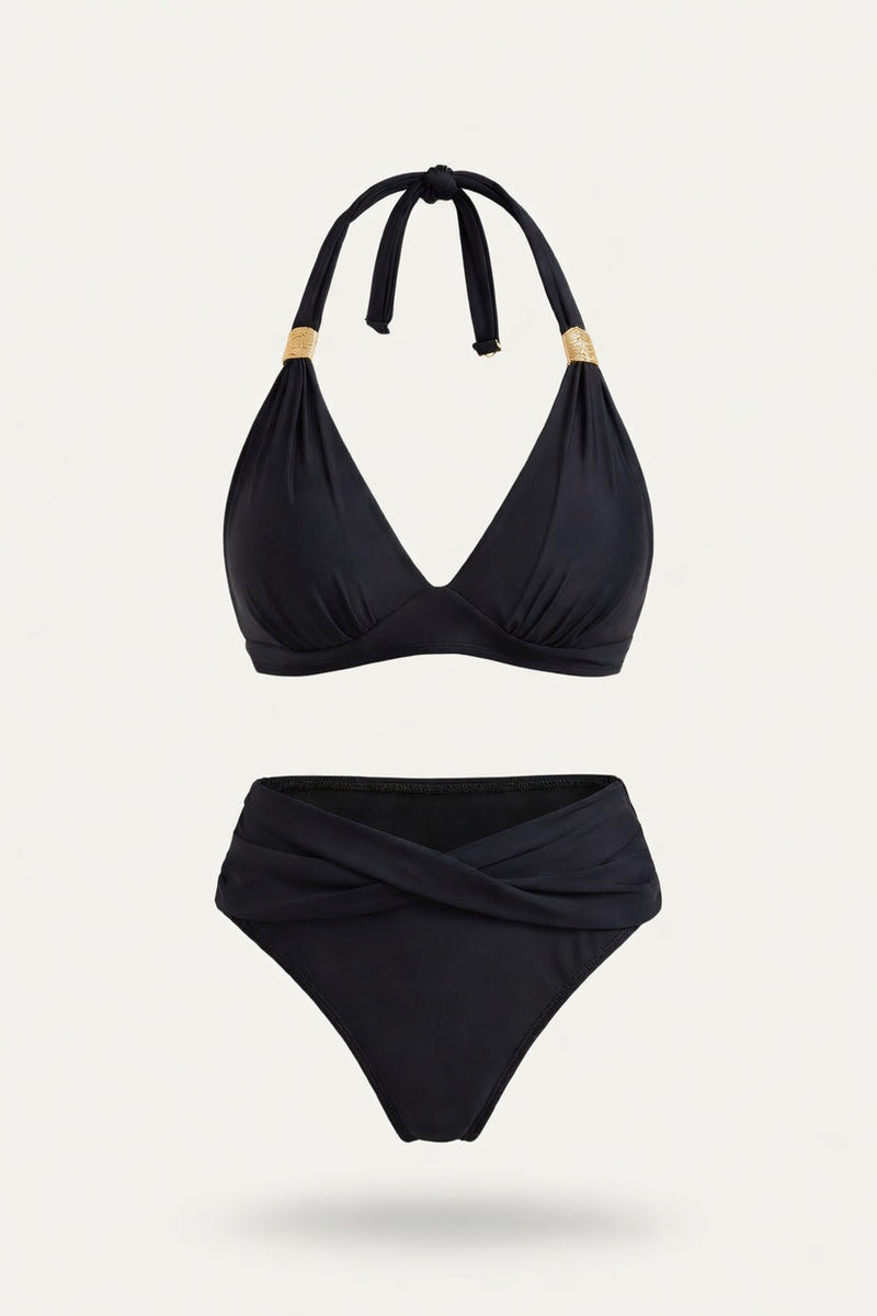 Halter Push-Up Split Swimsuit — Black White