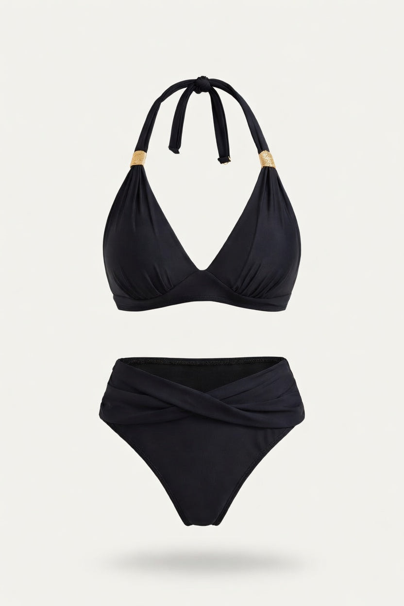 Halter Push-Up Split Swimsuit — Black White