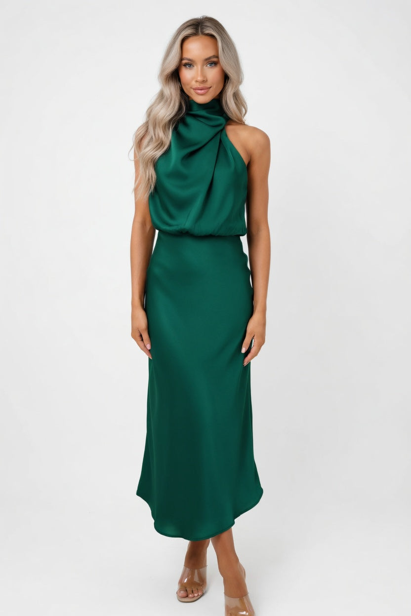 Satin Slip Dress — Dark Green