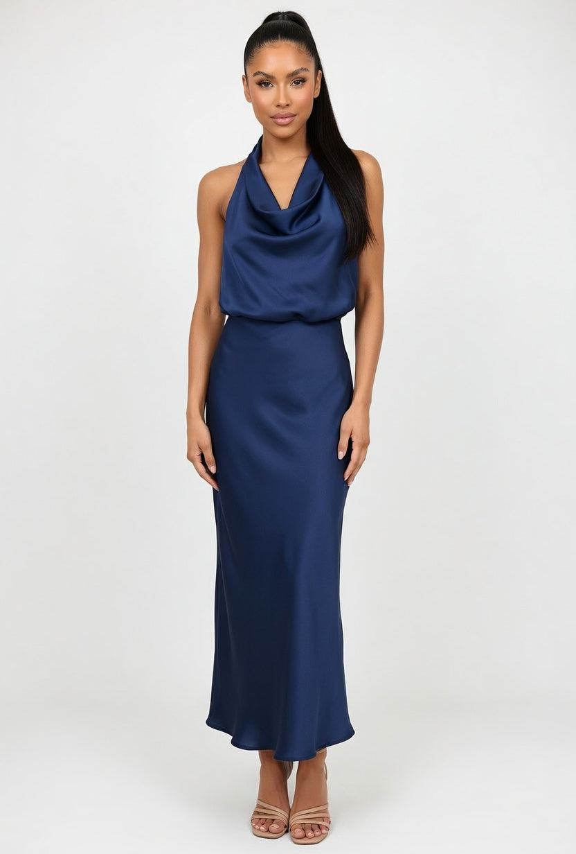 Sleeveless Satin Dress — Navy Blue