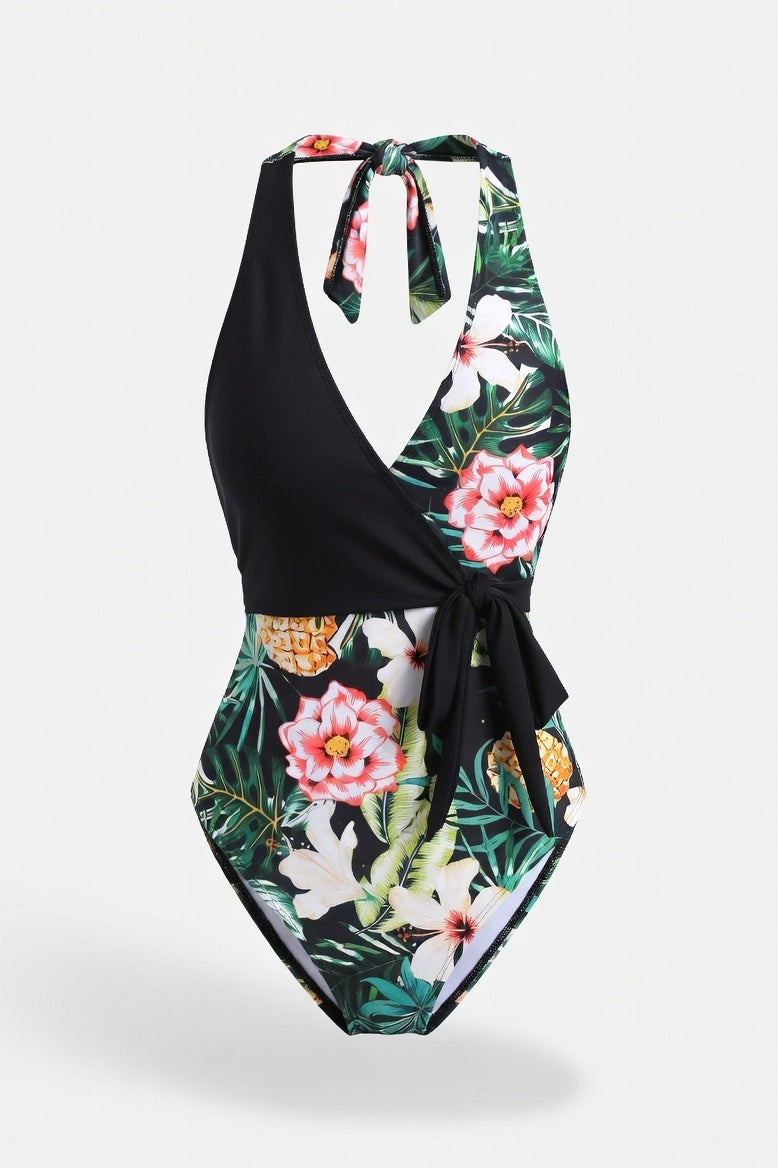 Printed Lace-Up Swimsuit — Black