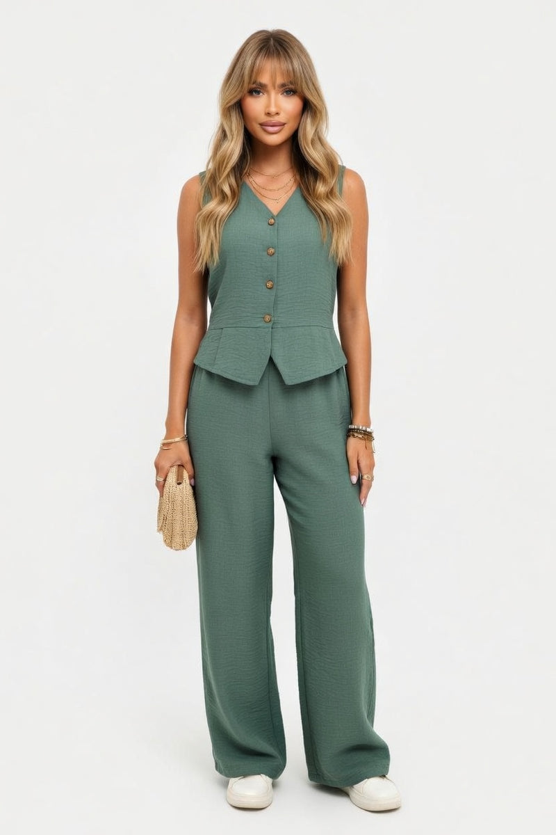 Linen V-Neck Vest & Trouser Co-ord — front view