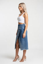 Raw Edge Denim Skirt with Slit — side view