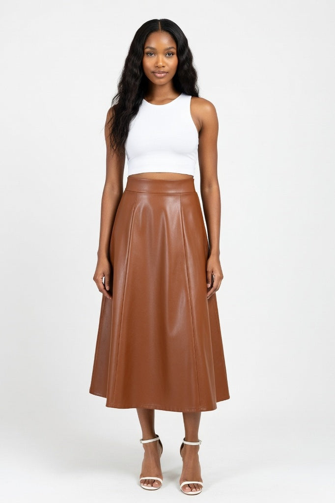 High Waist PU Leather Midi Skirt — Brown