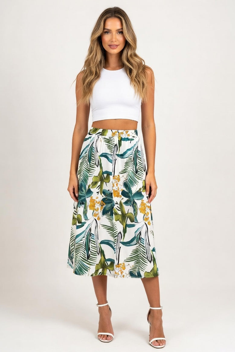 Leopard Print Elastic Waist Skirt — Dark Green