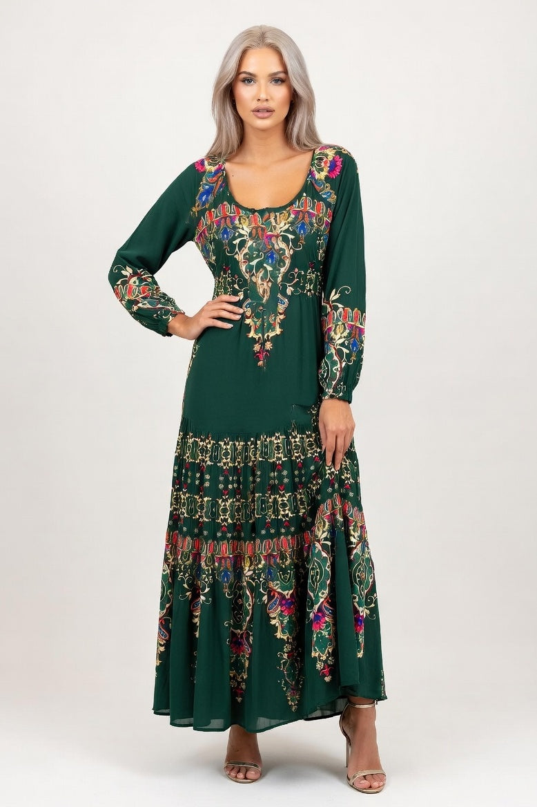 Printed U-Neck Maxi Dress — Army Green