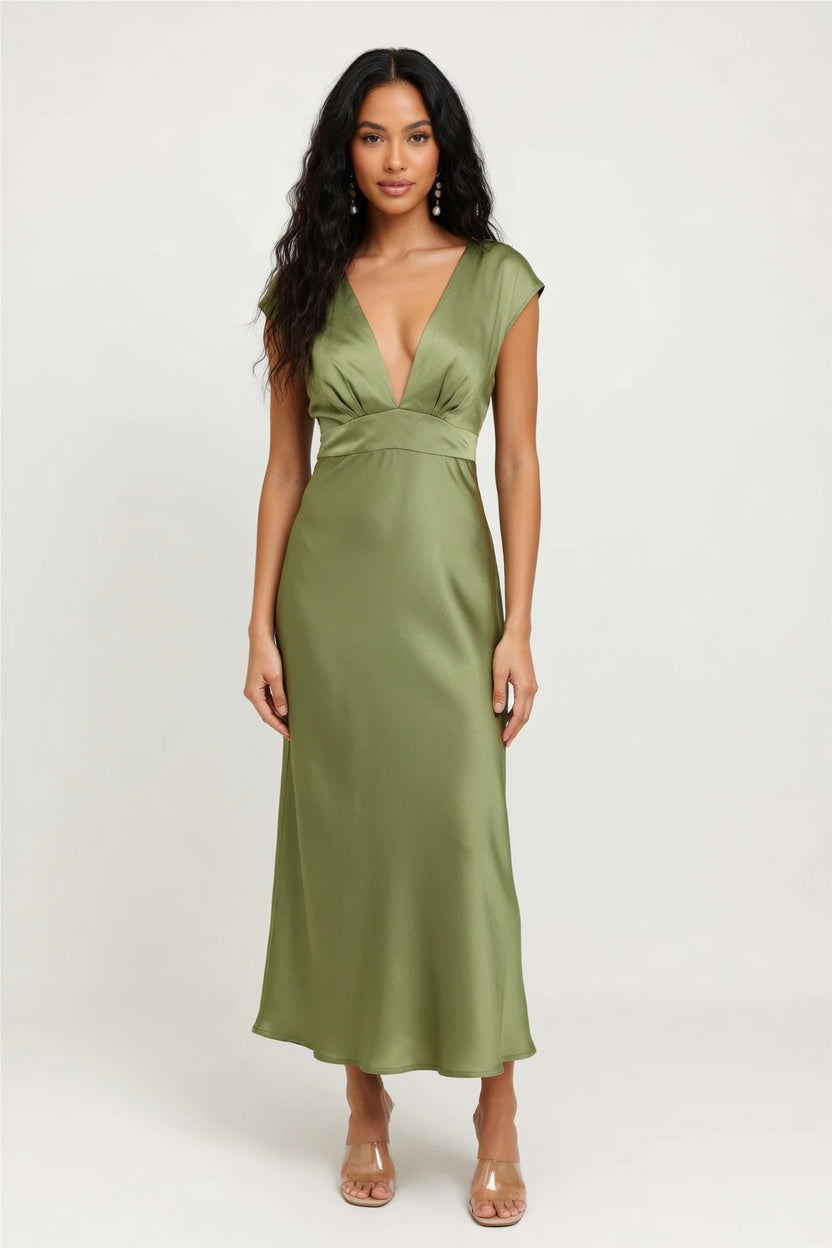 Satin One Shoulder Fishtail Dress — Olive