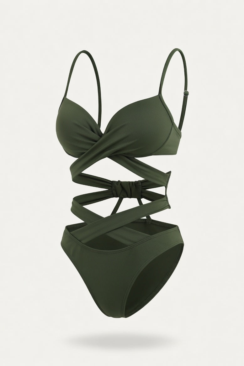 High Waist Strappy Bikini Set — Army Green