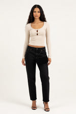 Ribbed Bow Detail Long Sleeve Top — Apricot