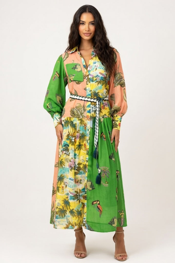 Printed Swing Dress with Lantern Sleeves — Dark Green