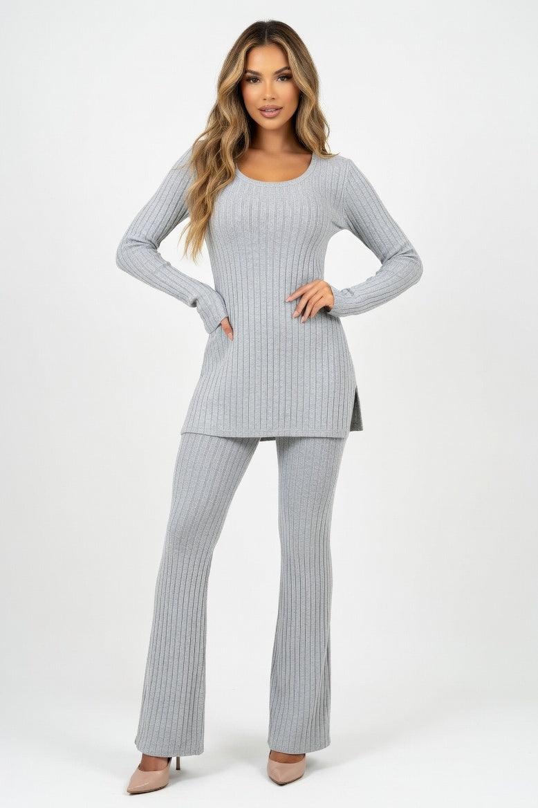 Ribbed Loungewear Co-Ord Set — Light Grey