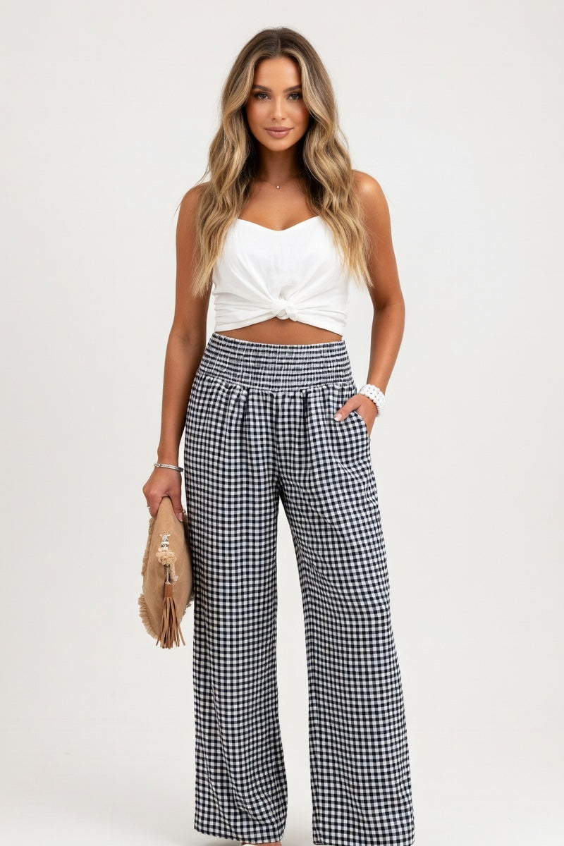 Check Print Wide Leg Trousers — Black Check