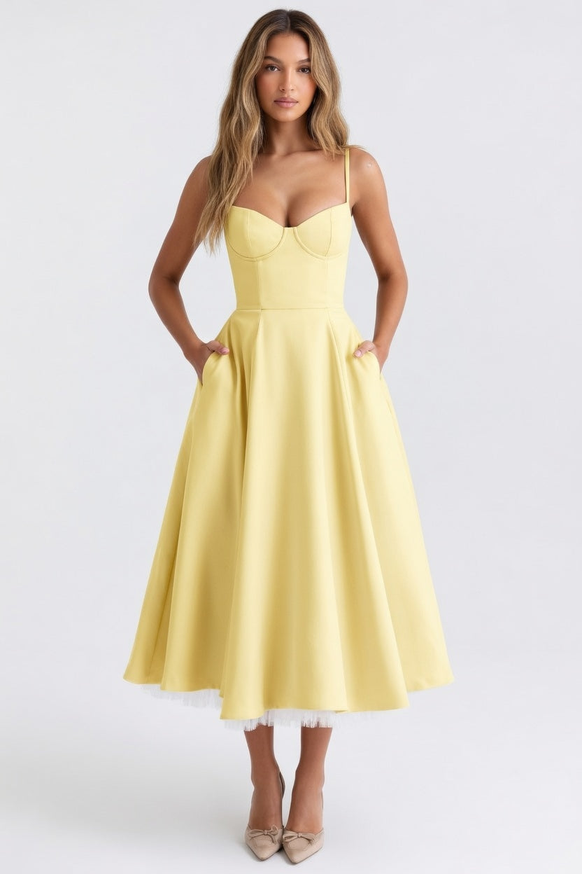 Double Layer Mesh Halter Dress — Yellow