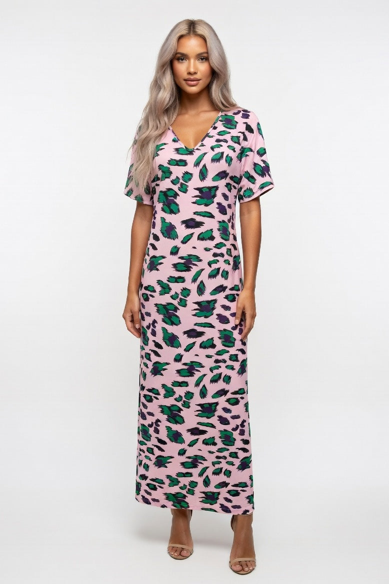 Printed V-Neck Maxi Dress — Pink