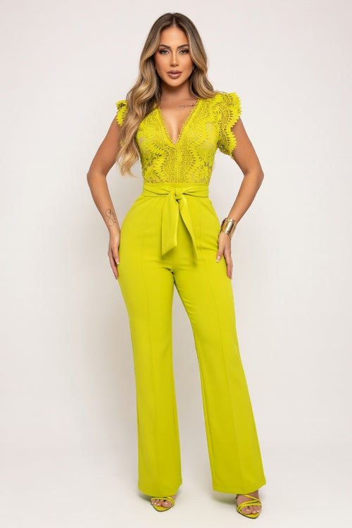 Lace Splice Sleeveless Jumpsuit — Lemon Yellow