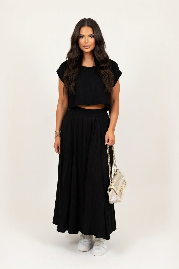 Crop Top & Pleated Midi Skirt Co-ord — Black