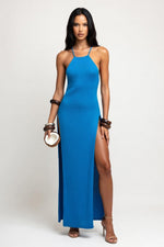 Knit Halter Dress with Side Slits — Peacock Blue